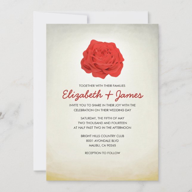 Trendy Floral Red and Gold Wedding Invitations (Front)