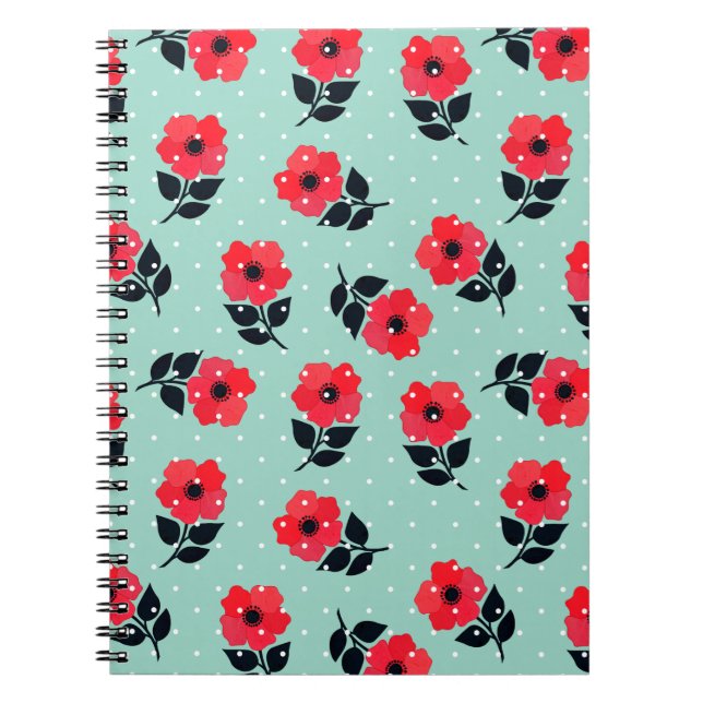 Trendy Floral Red Aqua Feminine Pattern Notebook (Front)