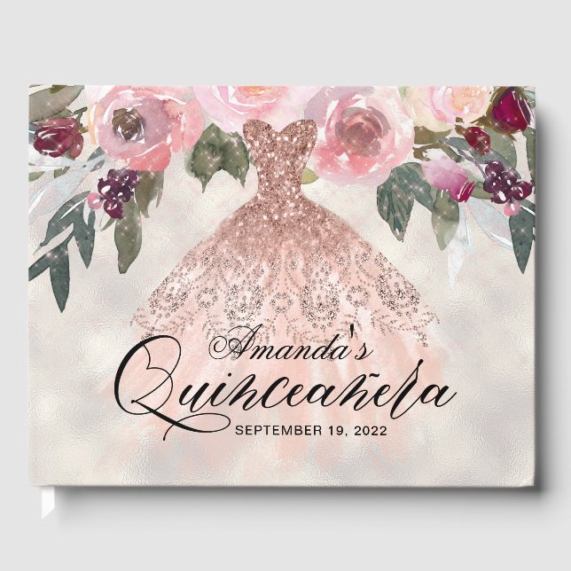 Trendy Floral Rose Gold Gown Quinceañera Guest Book (Front)
