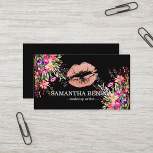 Trendy Floral Rose Gold Lips Makeup Artist Business Card