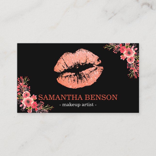 Trendy Floral Rose Gold Lips Makeup Artist Business Card (Front)