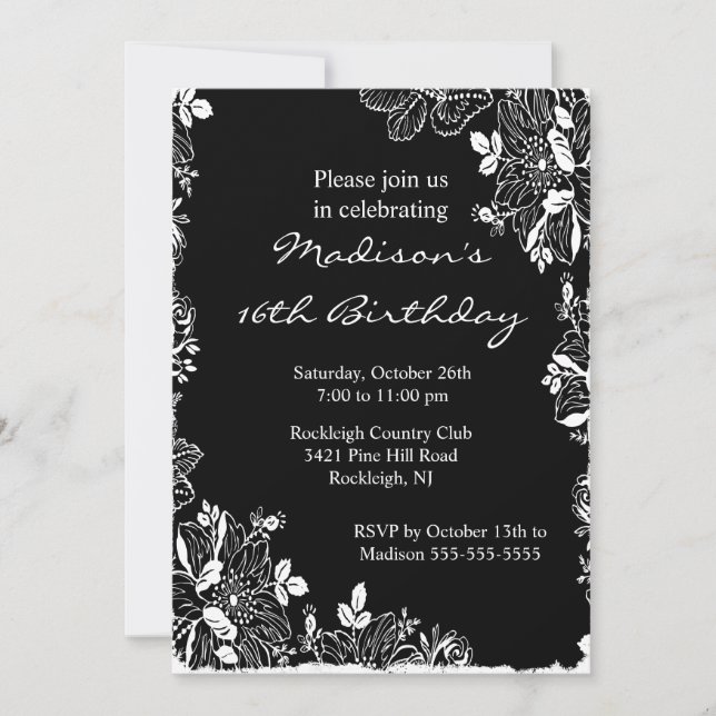 Trendy Floral Sweet Sixteen Birthday Invitation (Front)
