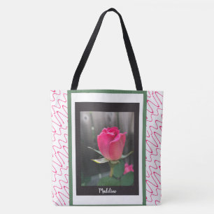 Trendy floral tote, red rose, add name tote bag