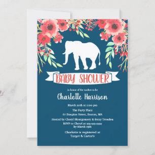 Trendy Floral White Elephant Baby Shower Invitation
