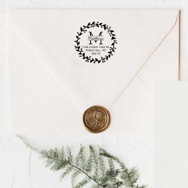Trendy Floral Wreath Custom Monogram Rubber Stamp (Creator Uploaded)