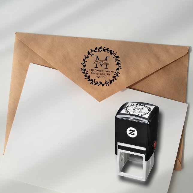 Trendy Floral Wreath Custom Monogram Self-inking Stamp (Creator Uploaded)