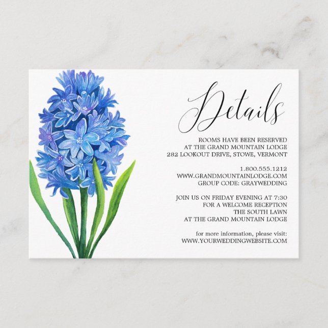 Trendy Flower Blue Hydrangea Wedding Details Card (Front)