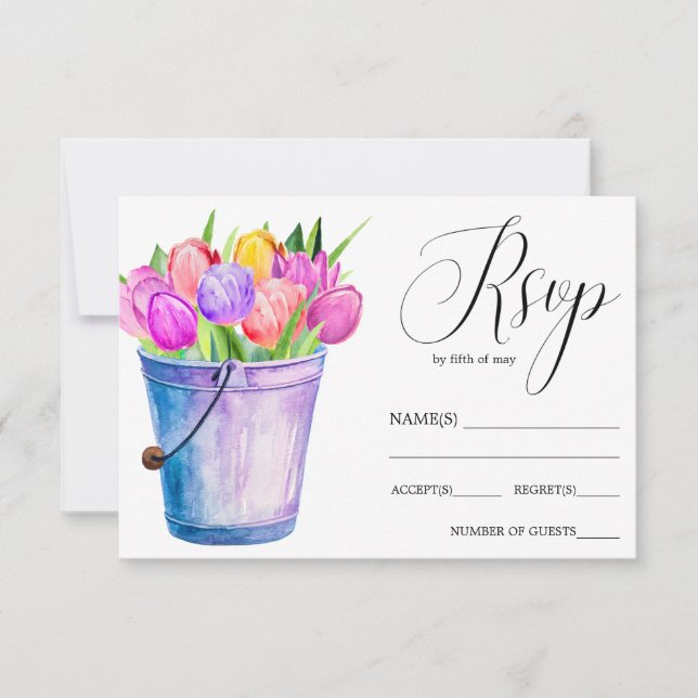 Trendy Flower bucket of tulips rustic wedding RSVP (Front)