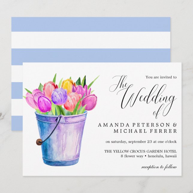 Trendy Flower bucket of tulips wedding Invitation (Front/Back)