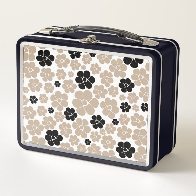 Trendy Flower Pattern in Taupe, Black, and White Metal Lunch Box (Front)