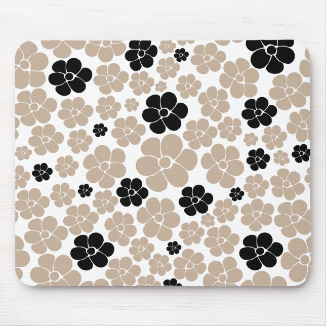Trendy Flower Pattern in Taupe, Black, and White Mouse Mat (Front)
