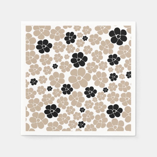 Trendy Flower Pattern in Taupe, Black, and White Napkin (Front)