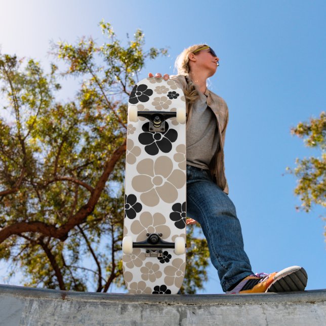 Trendy Flower Pattern in Taupe, Black and White Skateboard (Outdoor 1)