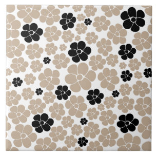 Trendy Flower Pattern in Taupe, Black, and White Tile