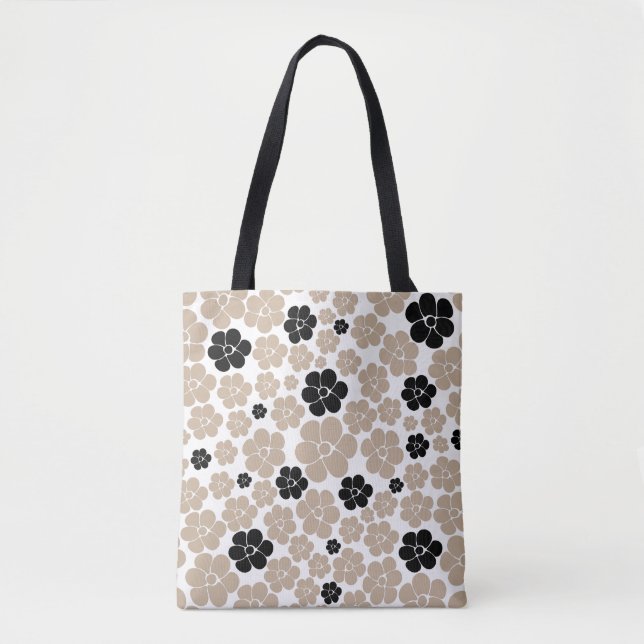 Trendy Flower Pattern in Taupe, Black, and White Tote Bag (Front)