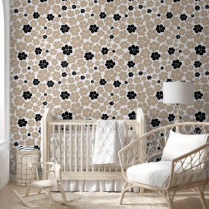 Trendy Flower Pattern in Taupe, Black, and White  Wallpaper