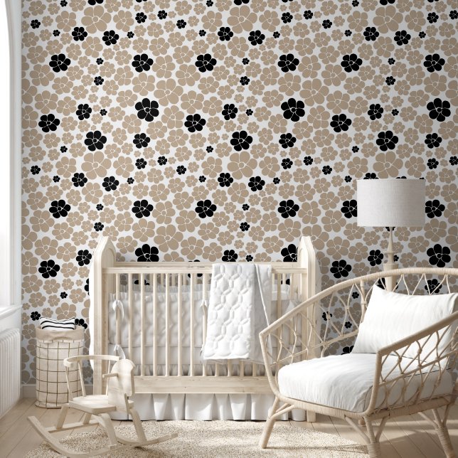 Trendy Flower Pattern in Taupe, Black, and White  Wallpaper (Kids)
