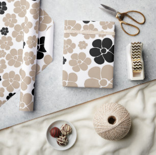 Trendy Flower Pattern in Taupe, Black, and White Wrapping Paper