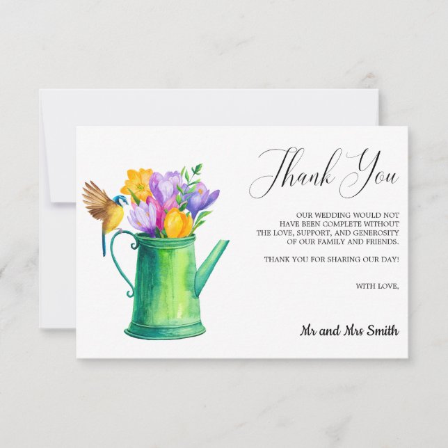 Trendy Flower Tulip Watering can Wedding Thank you Card (Front)