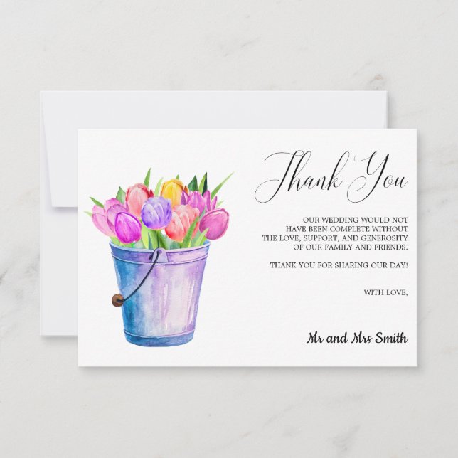 Trendy Flower Tulips Bucket Wedding Thank you (Front)