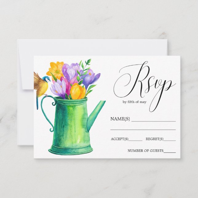 Trendy Flower watering can  tulips  wedding RSVP (Front)