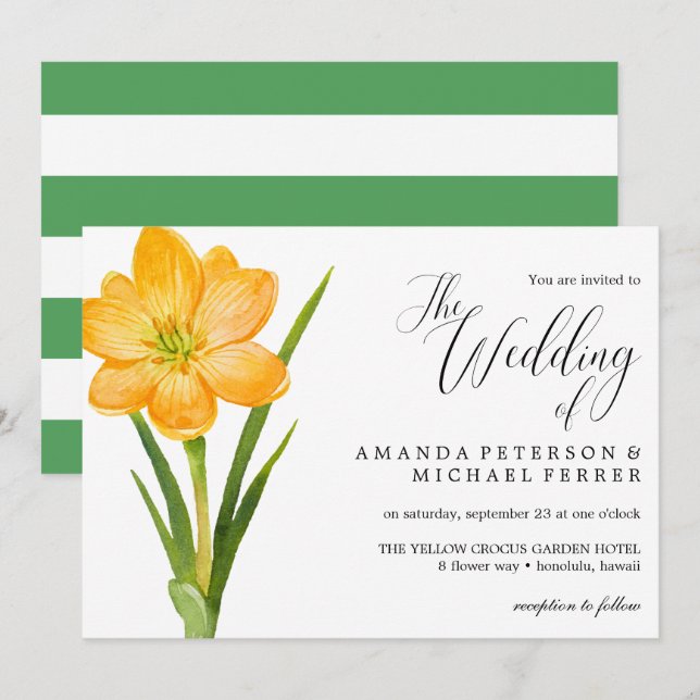 Trendy Flower Yellow Crocus rustic wedding Invitation (Front/Back)