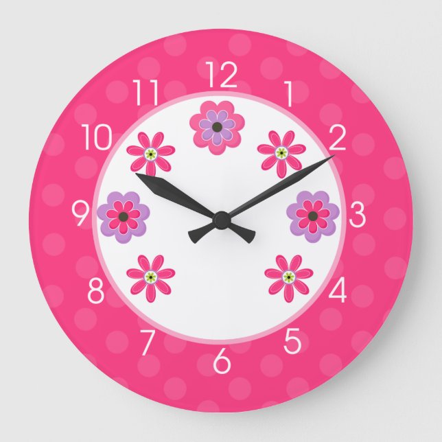 Trendy Flowers Girly Nursery Clock - Pink (Front)