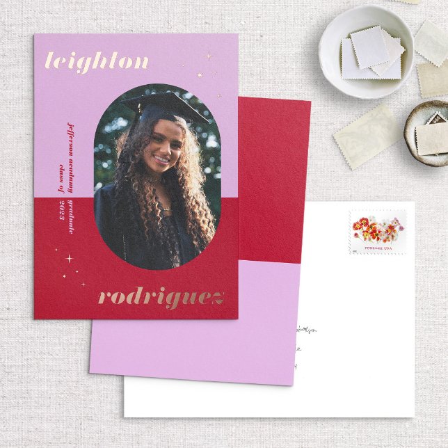 Trendy Foil Purple & Red Photo Grad Announcement (Creator Uploaded)