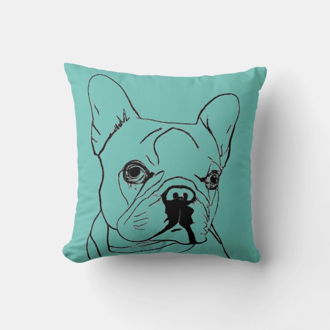 Trendy French Bulldog Teal Blue Line Drawing Cushion (Front)