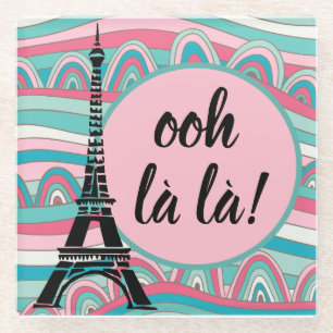 Trendy French Ooh la la! Eiffel Tower Pink & Aqua Glass Coaster