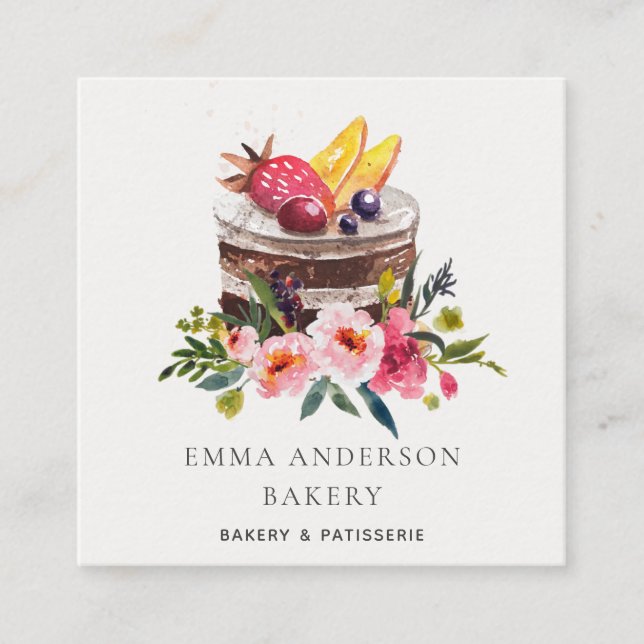 Trendy Fruit Floral Cake Patisserie Cupcake Bakery Square Business Card (Front)
