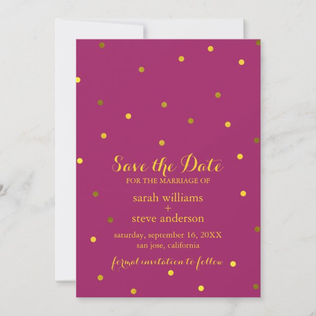 Trendy Fuchsia Faux Gold Foil Dots Save the Date (Front)