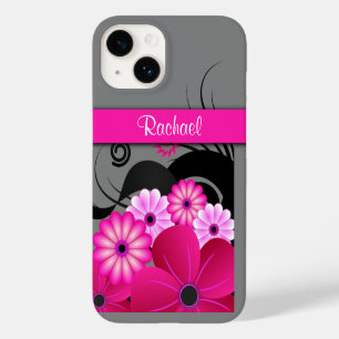 Trendy Fuchsia Pink And Grey Floral Hibiscus Tough Case-Mate iPhone 14 Case