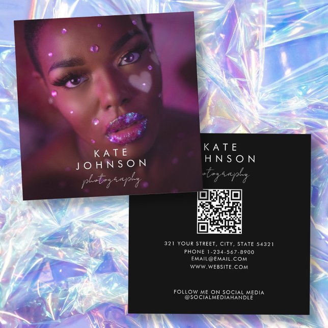 Trendy Full Photo QR Code Script Calligraphy Square Business Card (Trendy Full Photo QR Code Script Calligraphy Square Business Card)