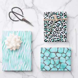 Trendy Fun Aqua Grey Black Safari Animal Print Wrapping Paper Sheet