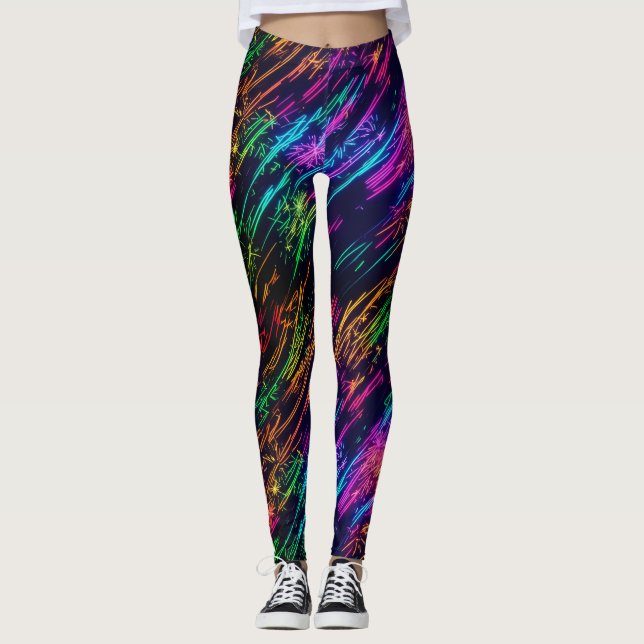 Trendy Fun Colourful Rainbow Fireworks Black Party Leggings (Front)