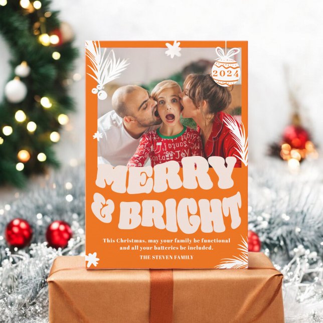Trendy Fun Merry & Bright Orange Christmas photo Holiday Card (Trendy Fun Merry & Bright Orange Christmas photo Holiday Card)