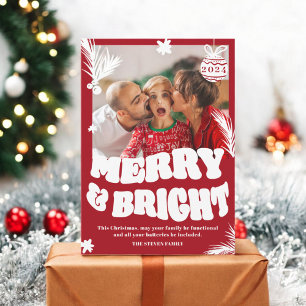 Trendy Fun Merry & Bright Red Christmas photo Holiday Card