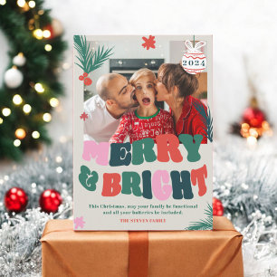 Trendy Fun Merry & Bright retro Christmas photo Holiday Card