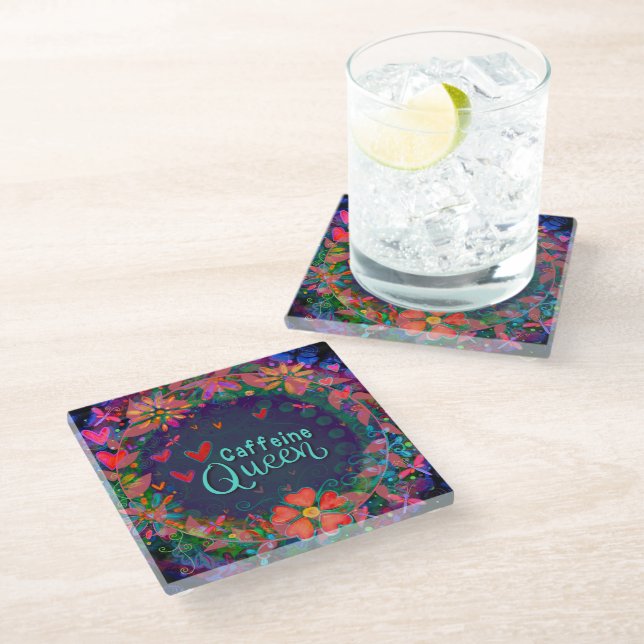 Trendy Fun Unique Caffeine Queen Floral Glass Coaster (Angled)