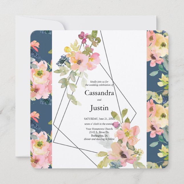 Trendy Geometric Floral Wedding Invitation (Front)