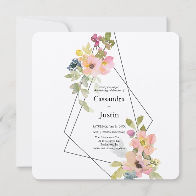 Trendy Geometric Floral Wedding Invitation (Front)
