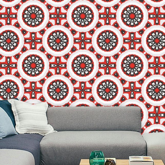 Trendy Geometric Medallion Motifs Red Black White  Wallpaper (Creator Uploaded)