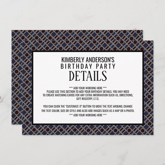 Trendy Geometric Pattern, Modern Birthday Detail Invitation (Front/Back)