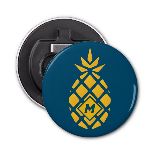 Trendy Geometric Pineapple Blue Monogram Bottle Opener (Front)