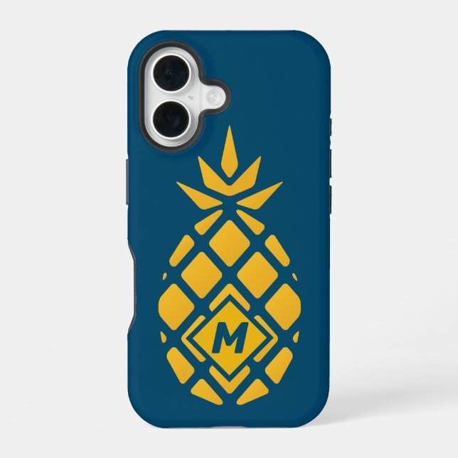Trendy Geometric Pineapple Blue Monogram iPhone 16 Case (Back)