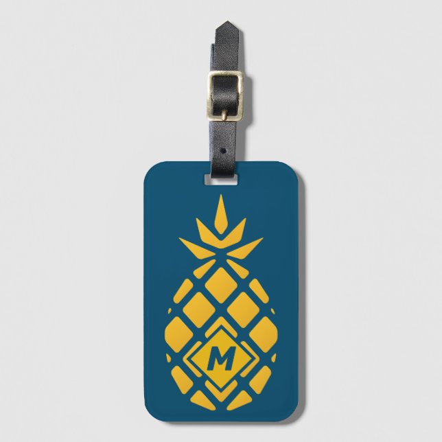 Trendy Geometric Pineapple Blue Monogram Luggage Tag (Front Vertical)