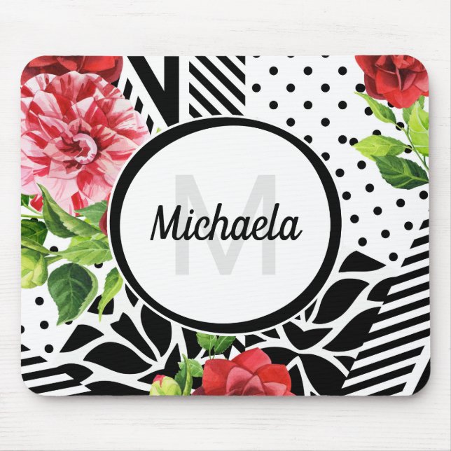 Trendy Geometric Stripe Pattern Red Foral Monogram Mouse Mat (Front)