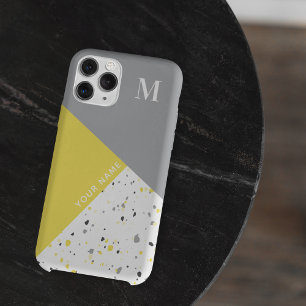 Trendy Geometric Yellow Grey Terrazzo Monogram iPhone 12 Case