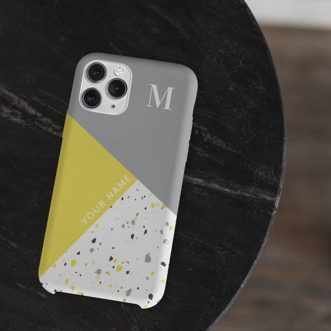 Trendy Geometric Yellow Grey Terrazzo Monogram Case-Mate iPhone Case (Creator Uploaded)